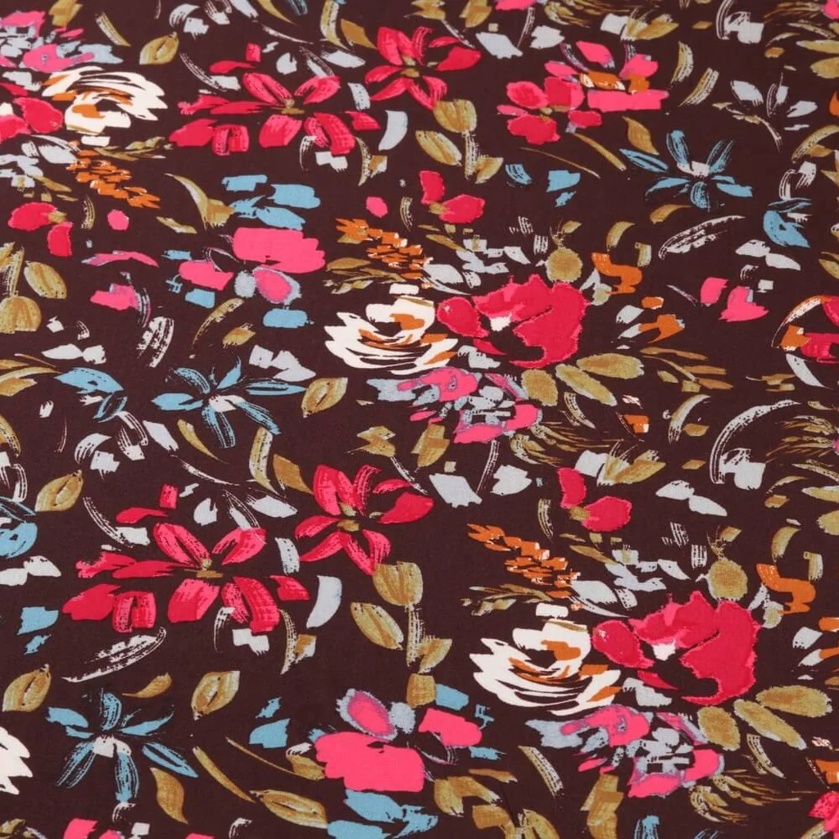 Viskose Popeline Blumenmalerei Dunkelbraun