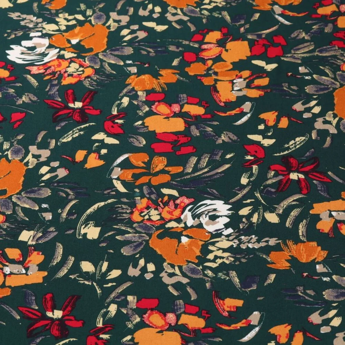 Viskose Popeline Blumenmalerei Tannengrün