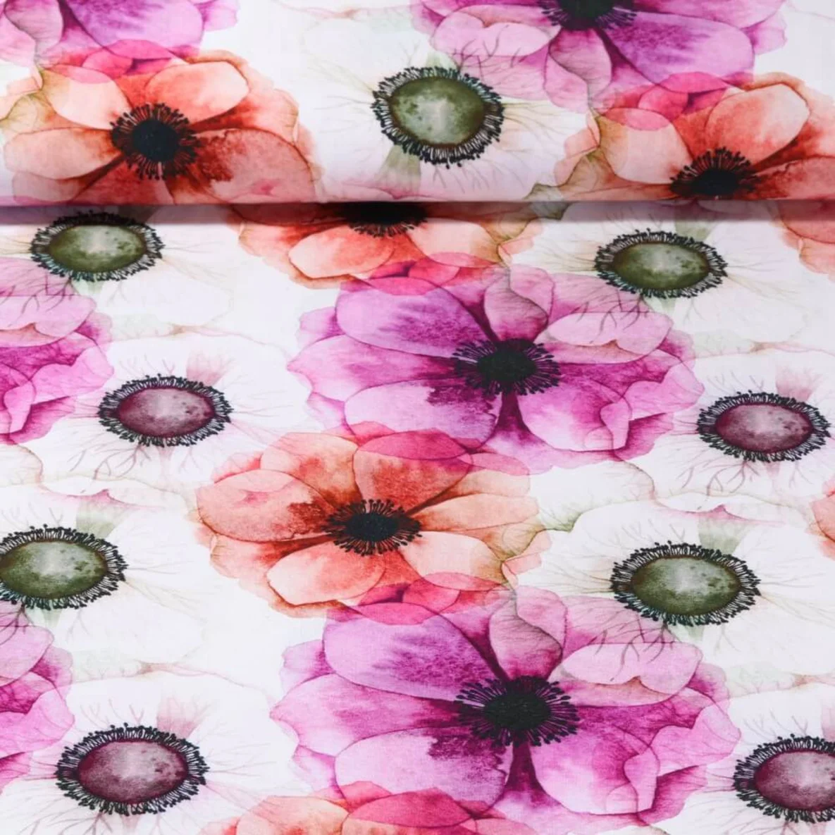 Viskose Popeline Bunte Blüten Ecru Pink