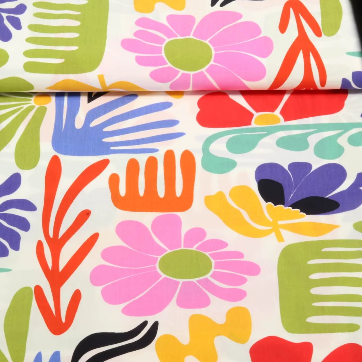 Viskose Popeline Bunte Blumen Weiß Blau