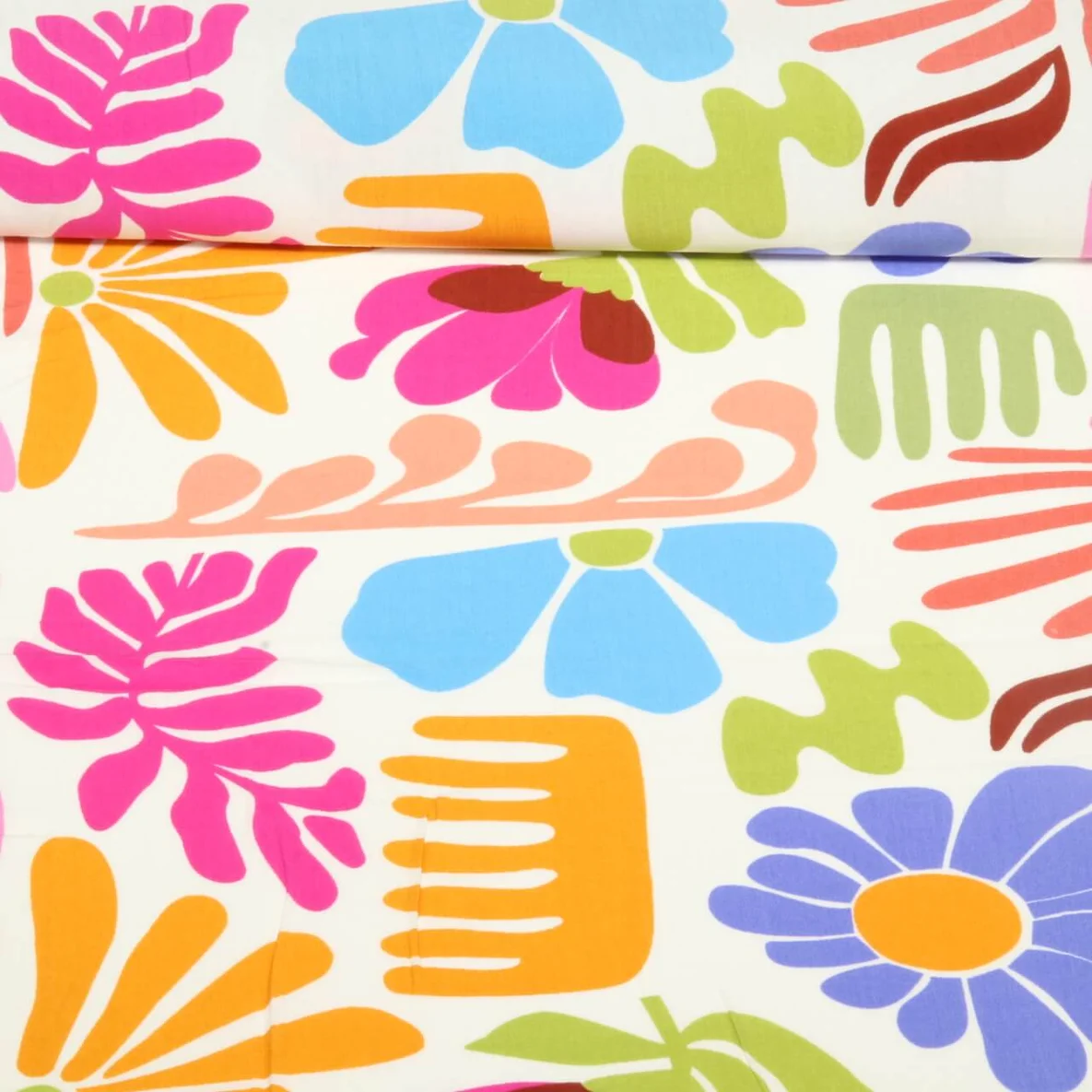 Viskose Popeline Bunte Blumen Weiß Orange