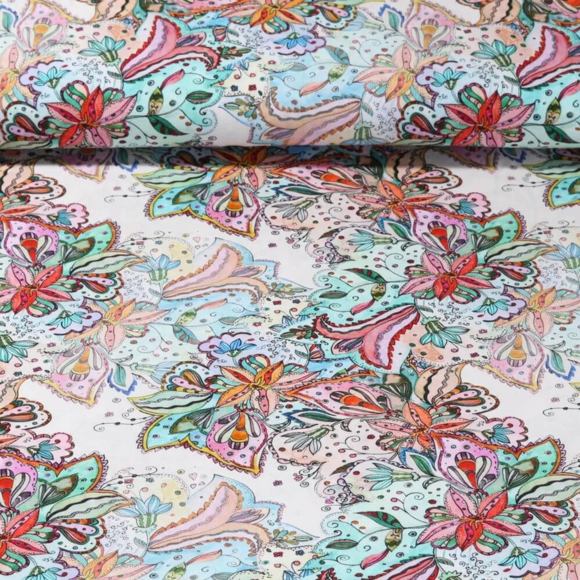 Viskose Popeline Paisleyblumen Pastell Multicolor