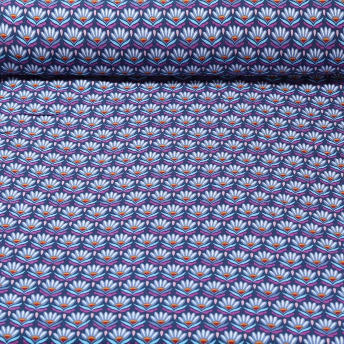 Viskose Popeline Retroblumen Navy