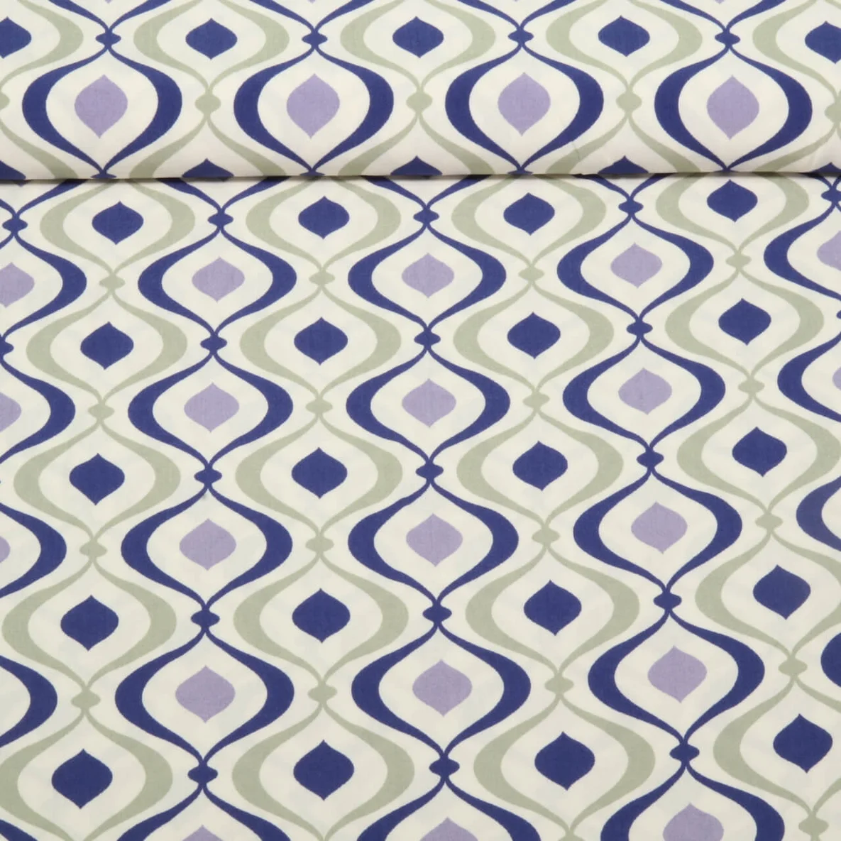 Viskose Popeline Retromuster Khaki Blau Weiß