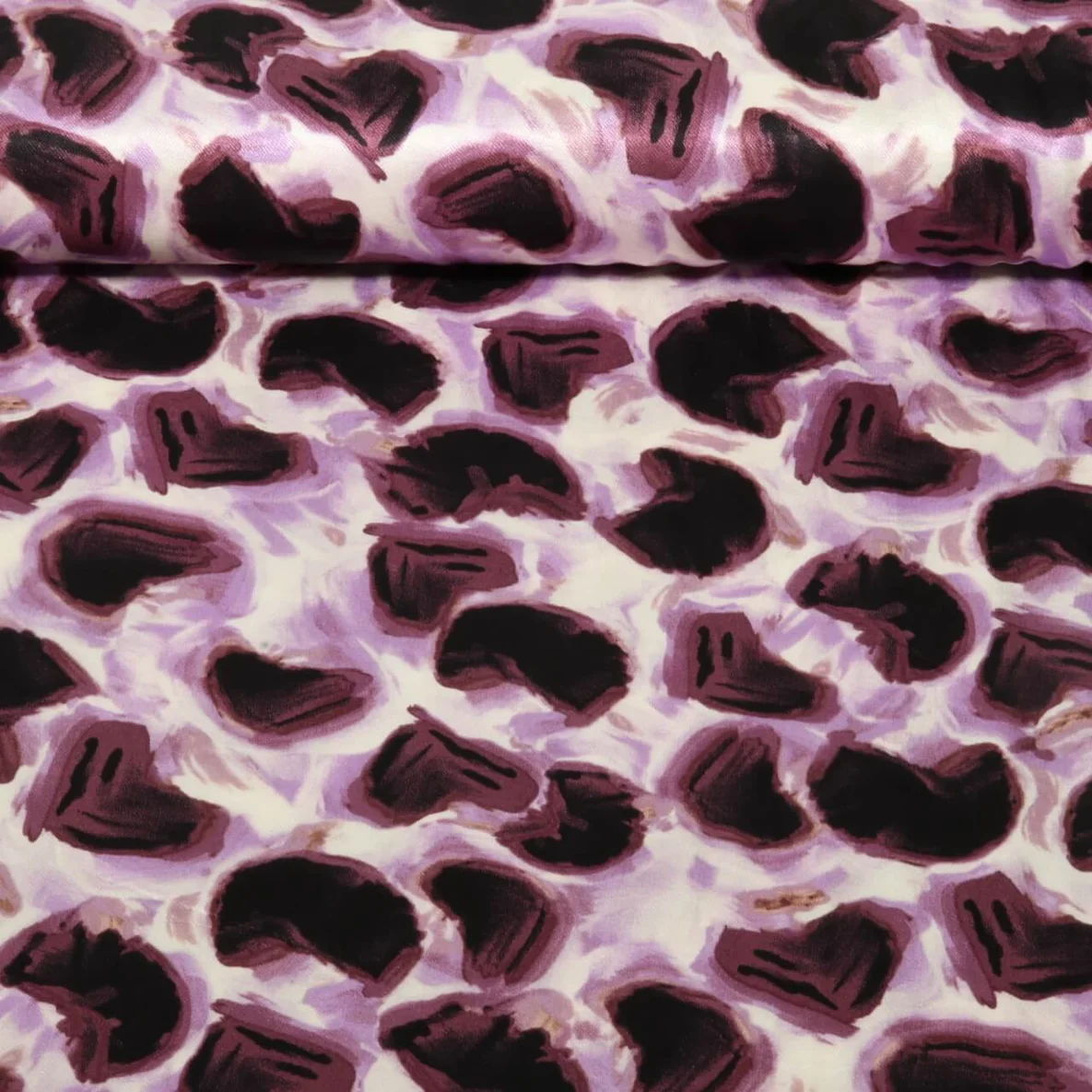 Viskose Satin Abstrakte Herzen Lila Ecru