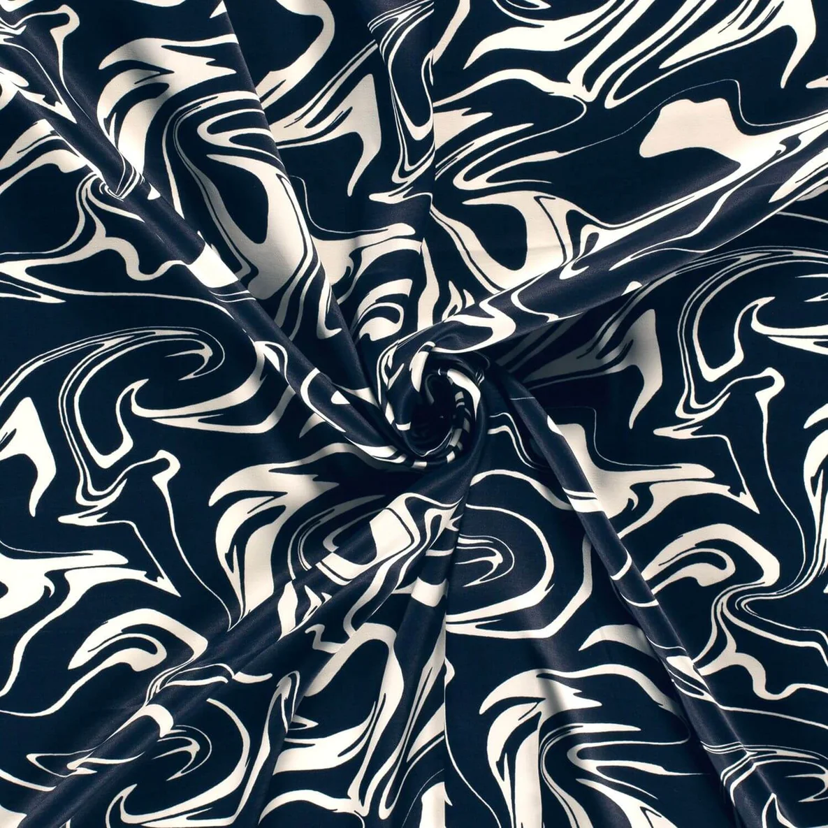 Viskose Satin Abstrakte Wellen Navy
