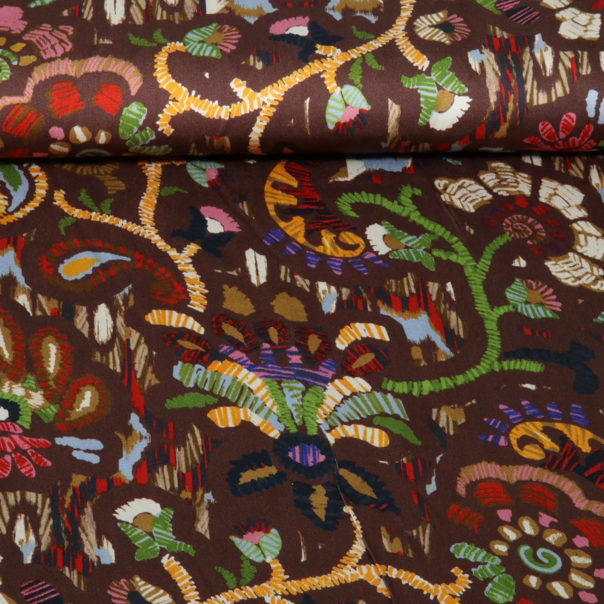 Viskose Satin Blumen Ethno Braun Gelb
