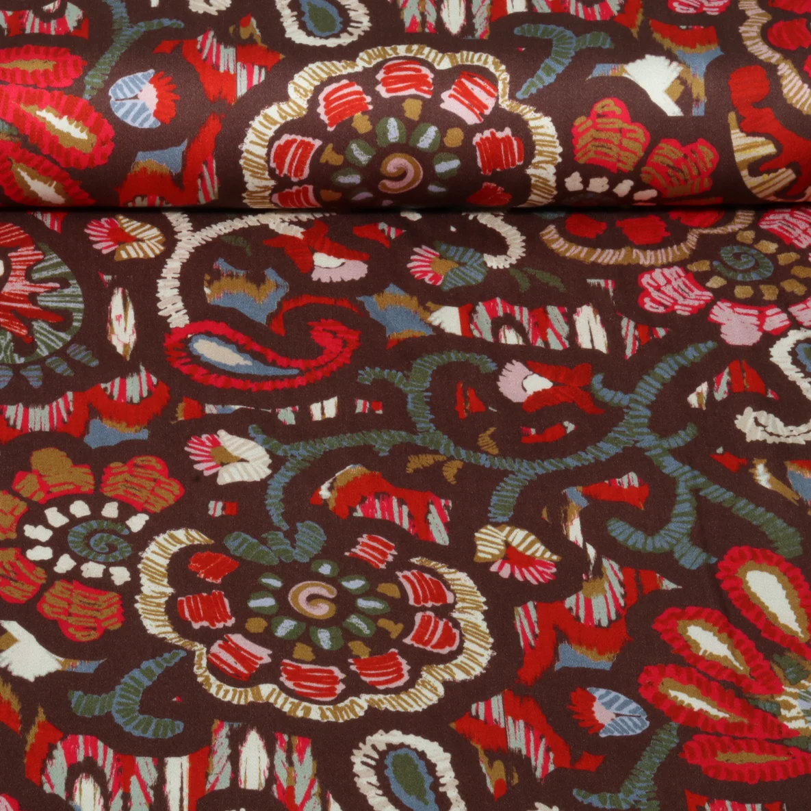 Viskose Satin Blumen Ethno Braun Rot