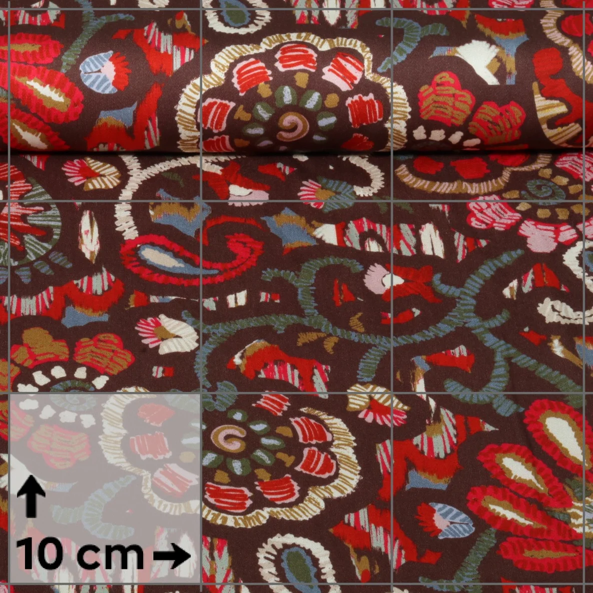 Viskose Satin Blumen Ethno Braun Rot