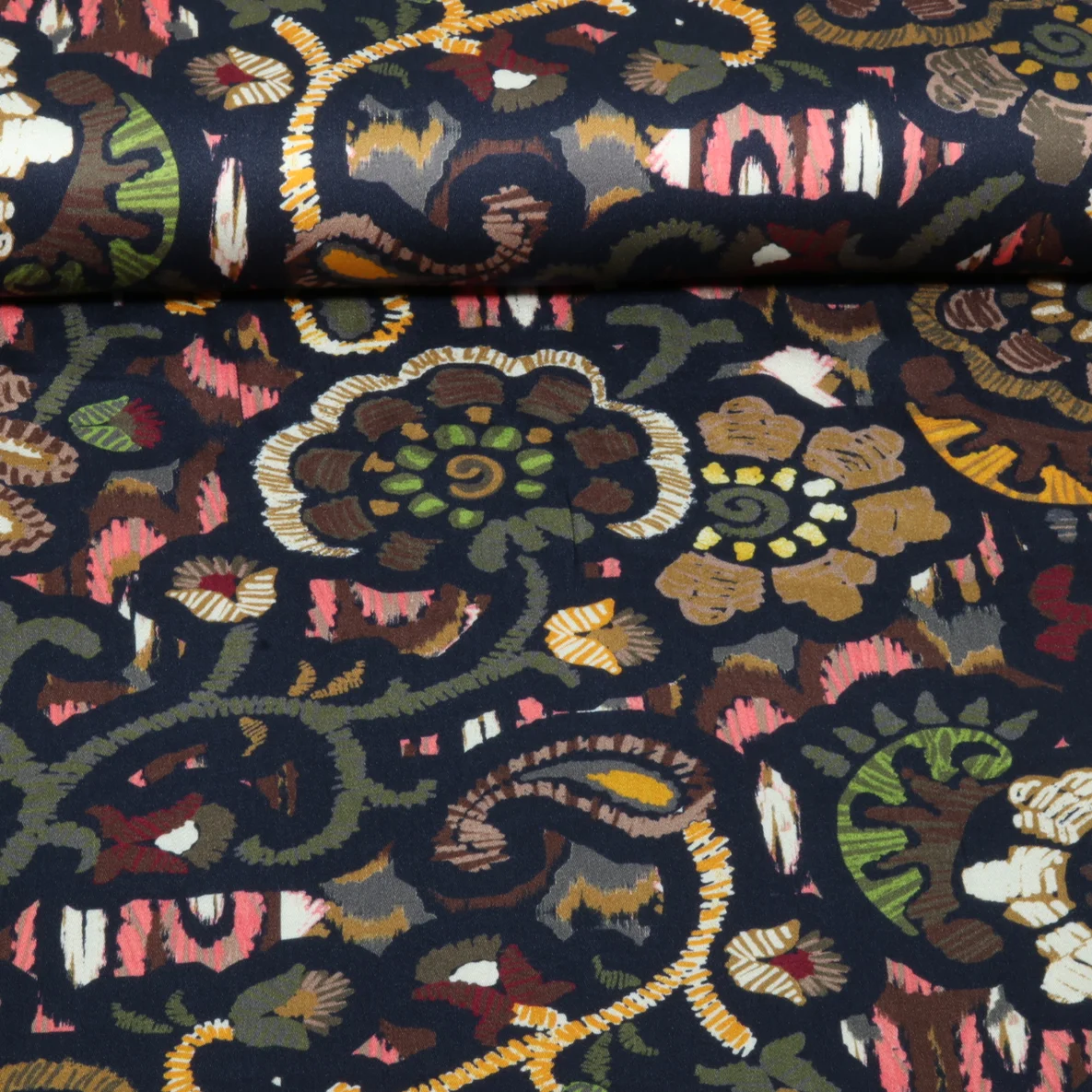 Viskose Satin Blumen Ethno Navy Gelb