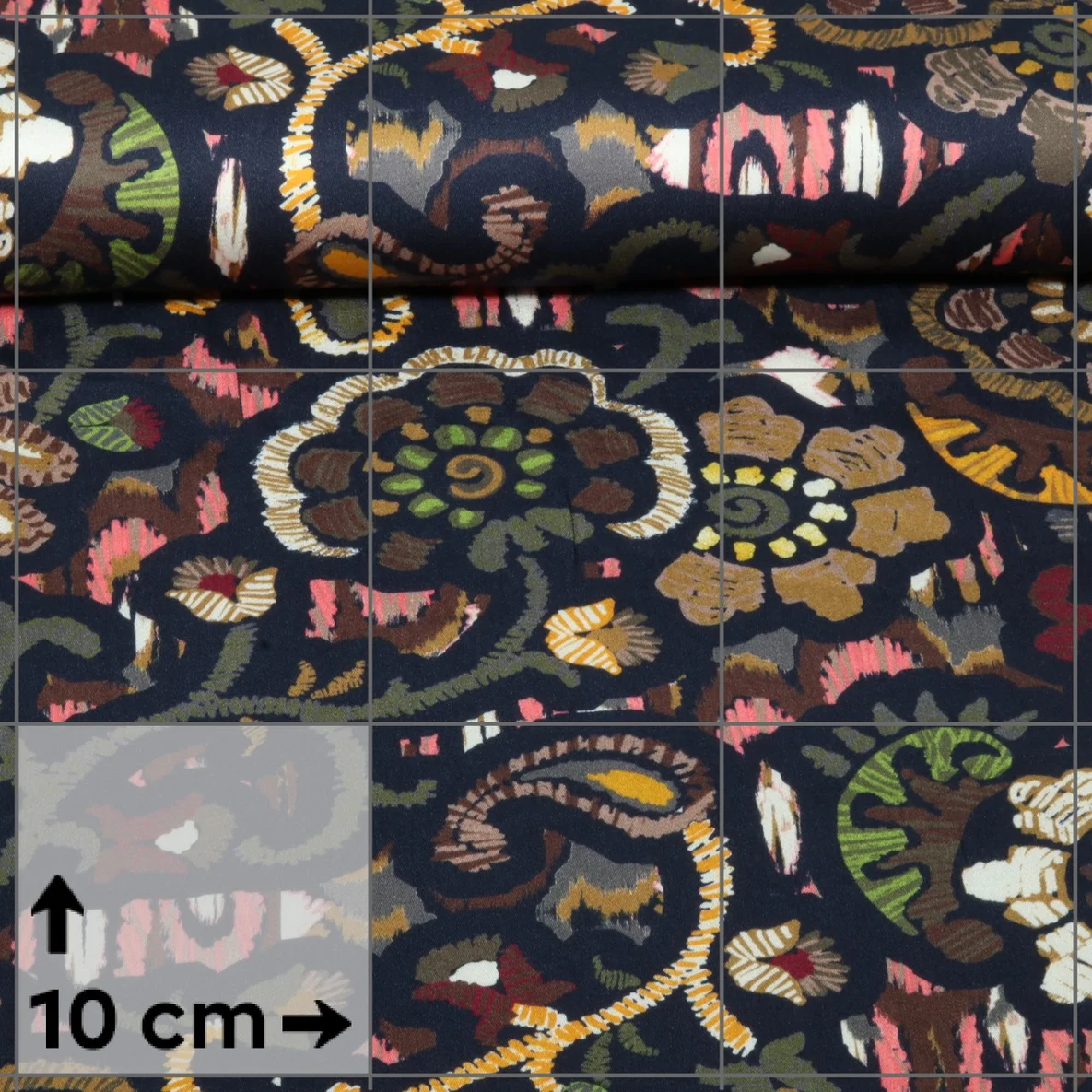 Viskose Satin Blumen Ethno Navy Gelb