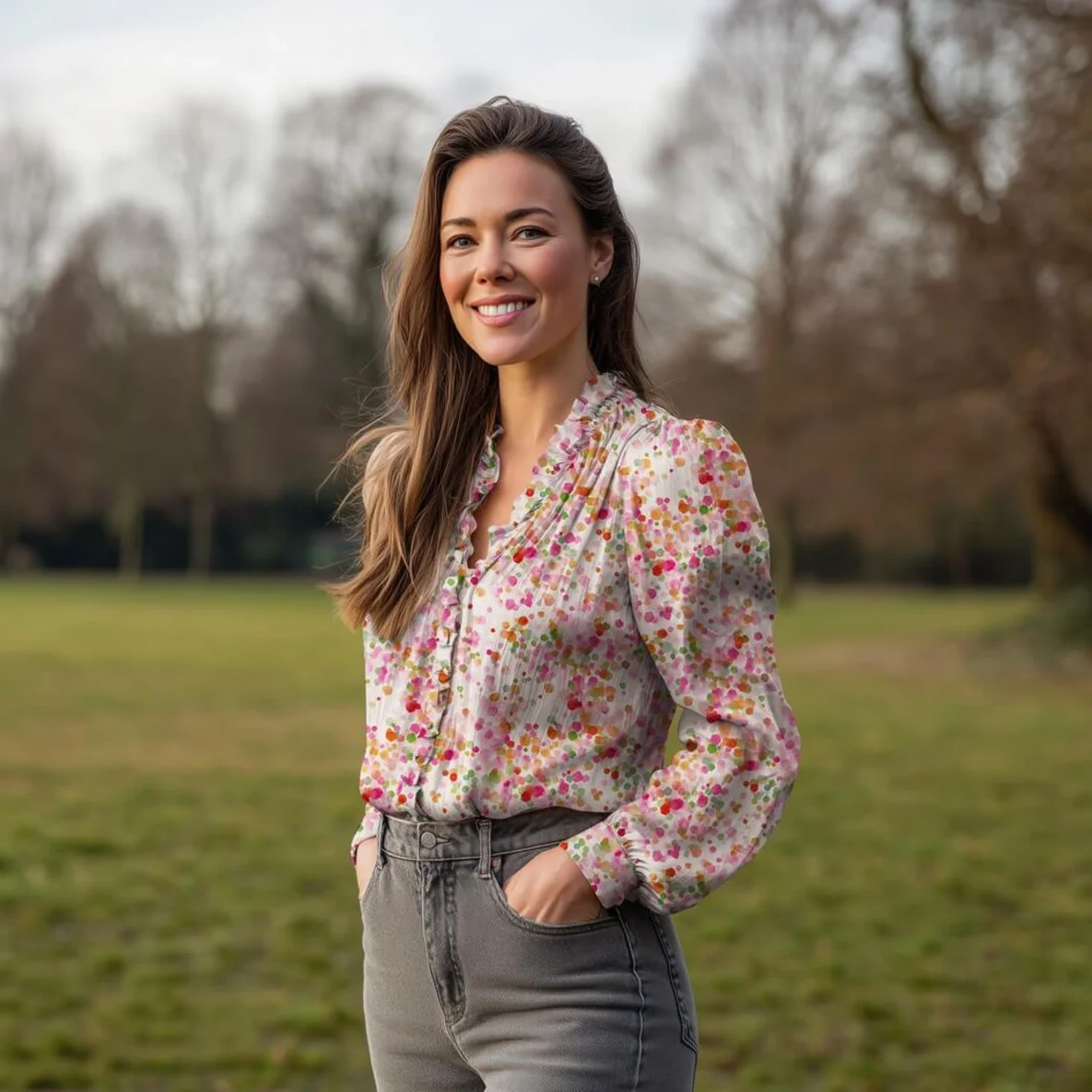 Viskose Satin Digital Konfetti Ecru