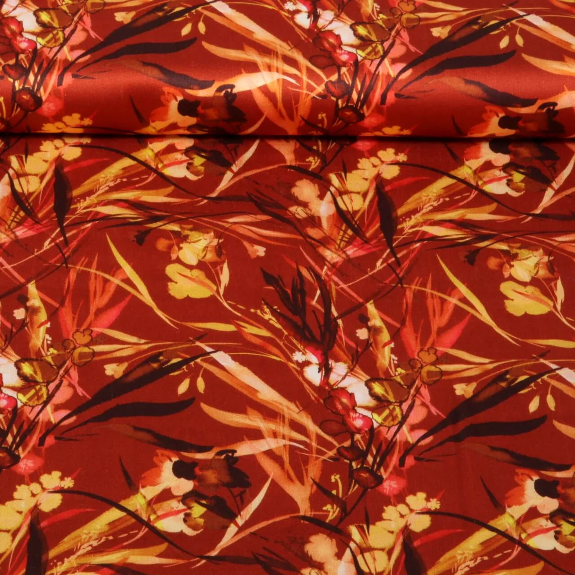 Viskose Satin Digitaldruck Blätter Kupfer