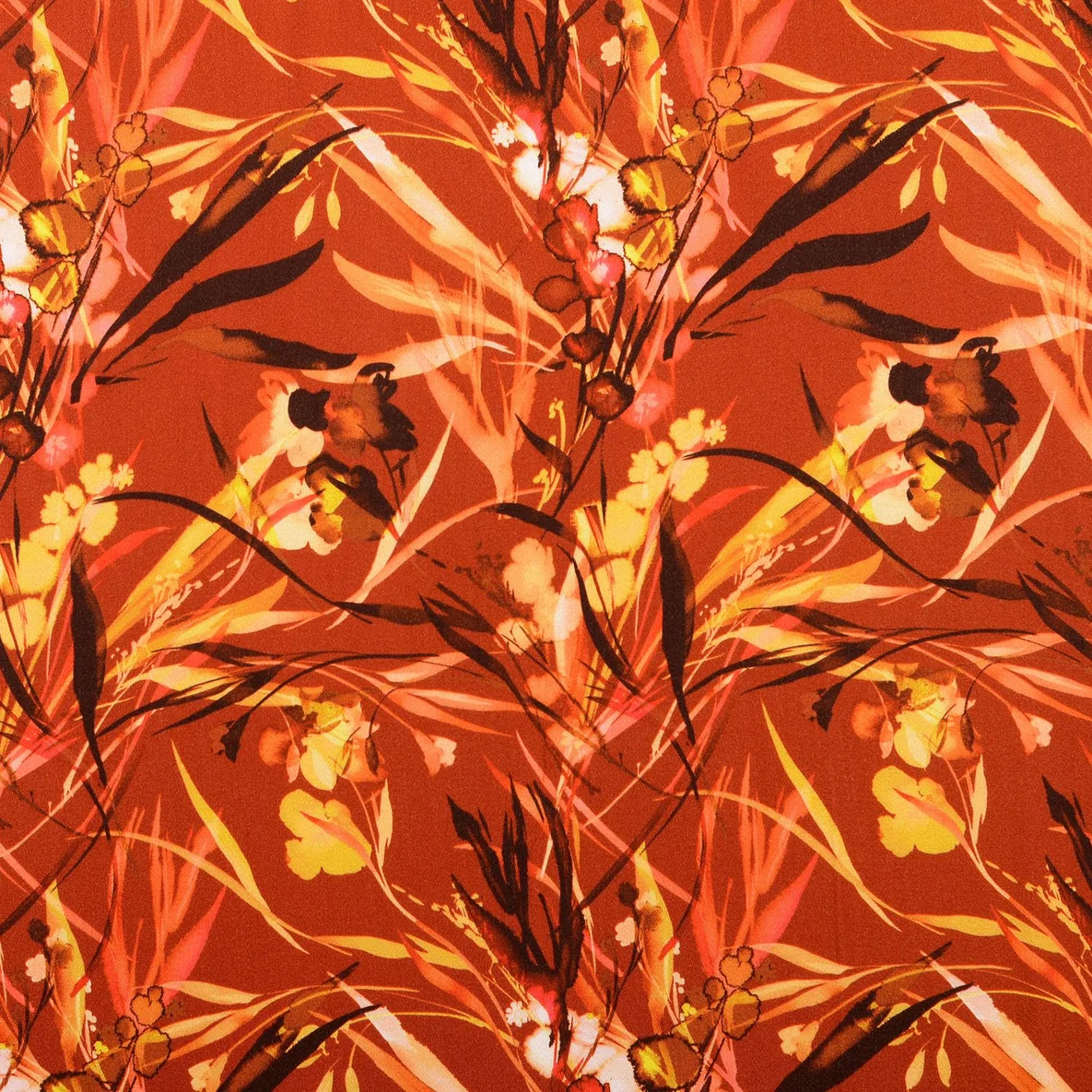 Viskose Satin Digitaldruck Blätter Kupfer