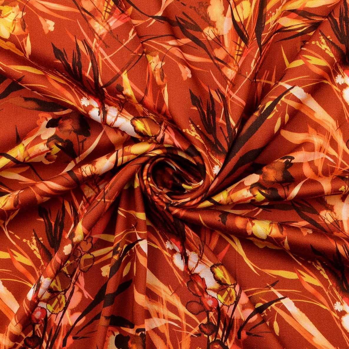 Viskose Satin Digitaldruck Blätter Kupfer