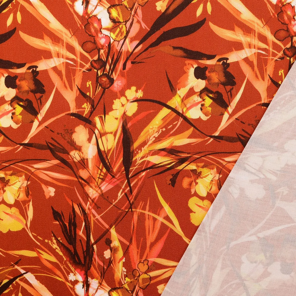 Viskose Satin Digitaldruck Blätter Kupfer