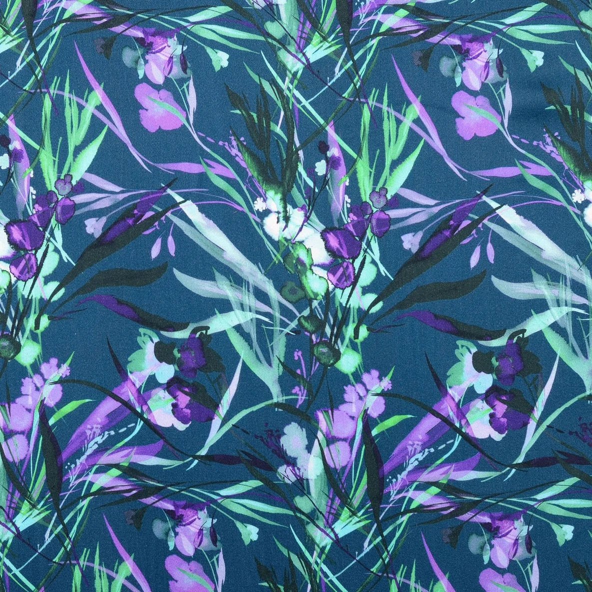 Viskose Satin Digitaldruck Blätter Petrol