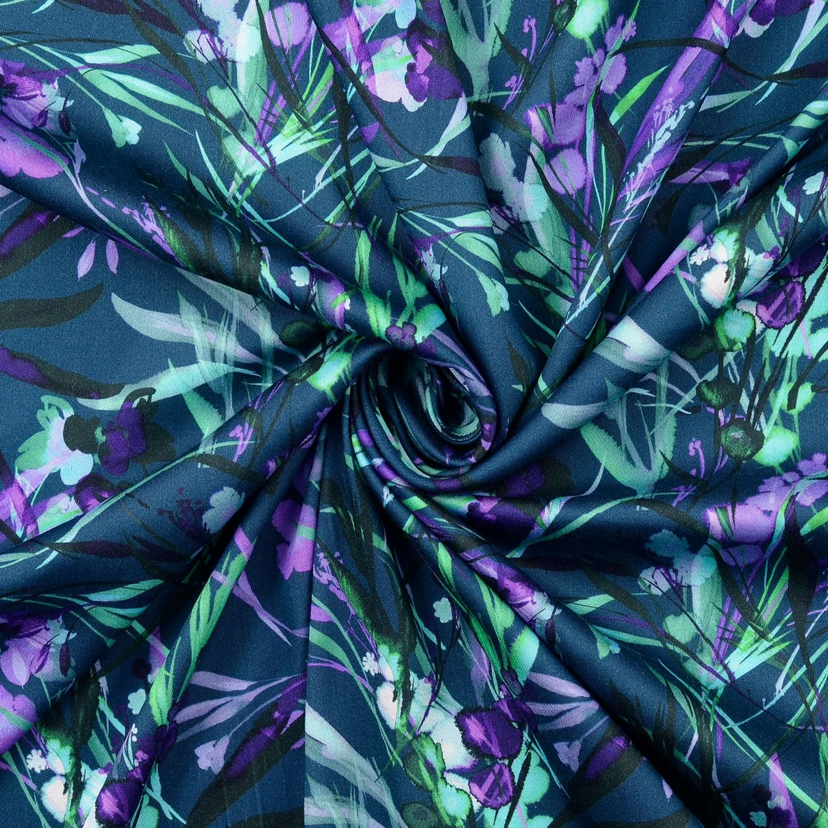 Viskose Satin Digitaldruck Blätter Petrol