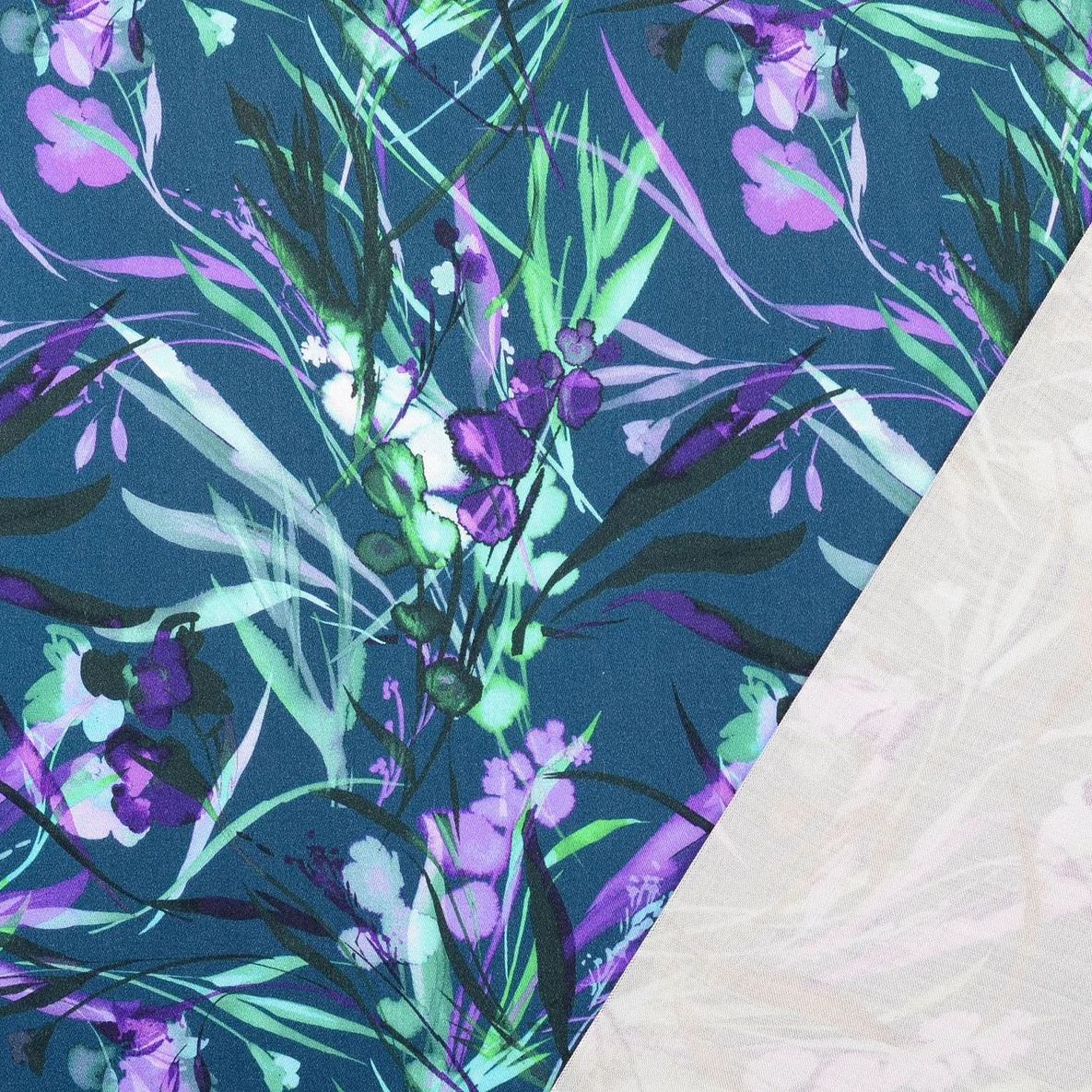 Viskose Satin Digitaldruck Blätter Petrol