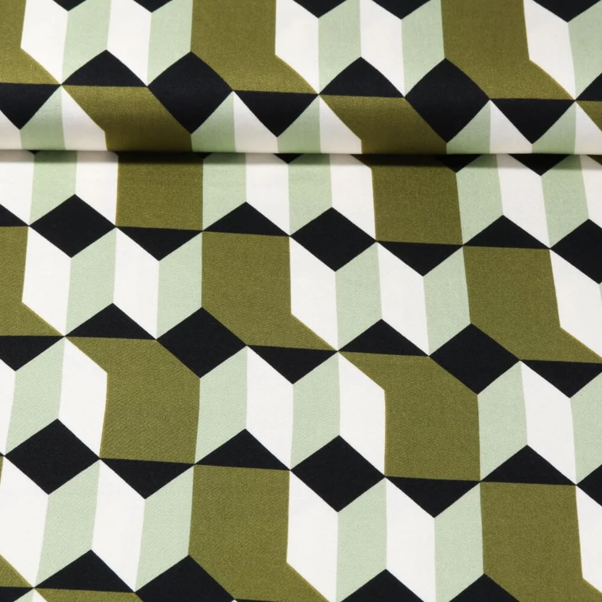 Viskose Satin Geo-Muster Ecru Olive