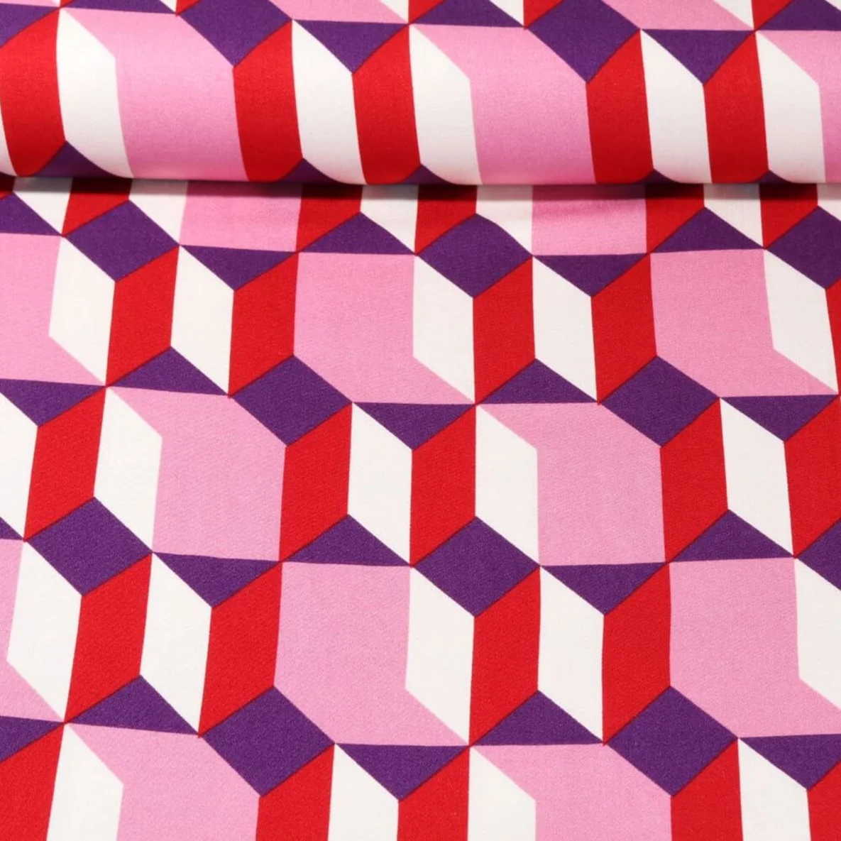 Viskose Satin Geo-Muster Ecru Rosa