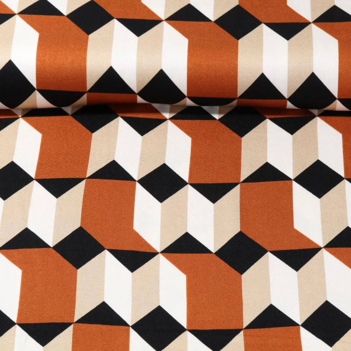 Viskose Satin Geo-Muster Ecru Rost