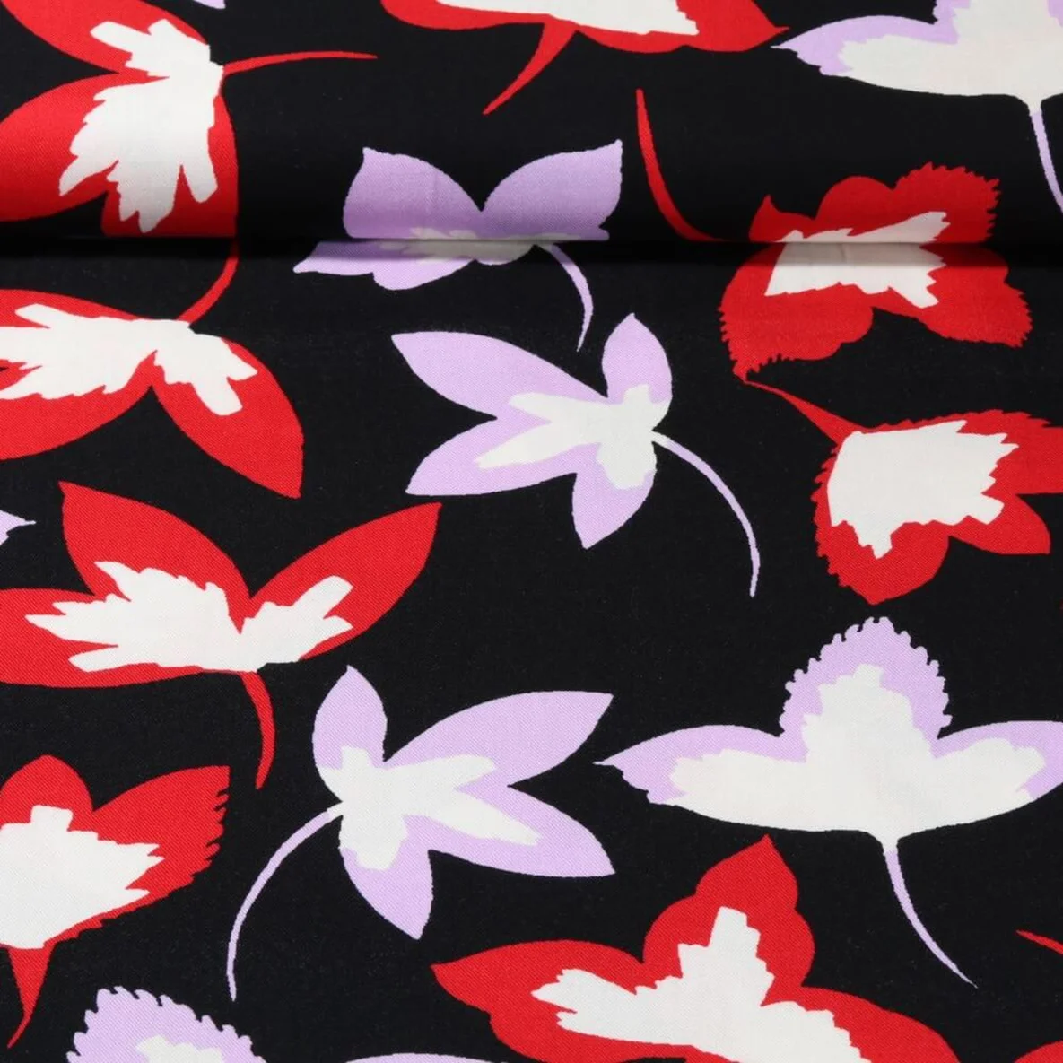 Viskose Twill Blätter Schwarz Rot