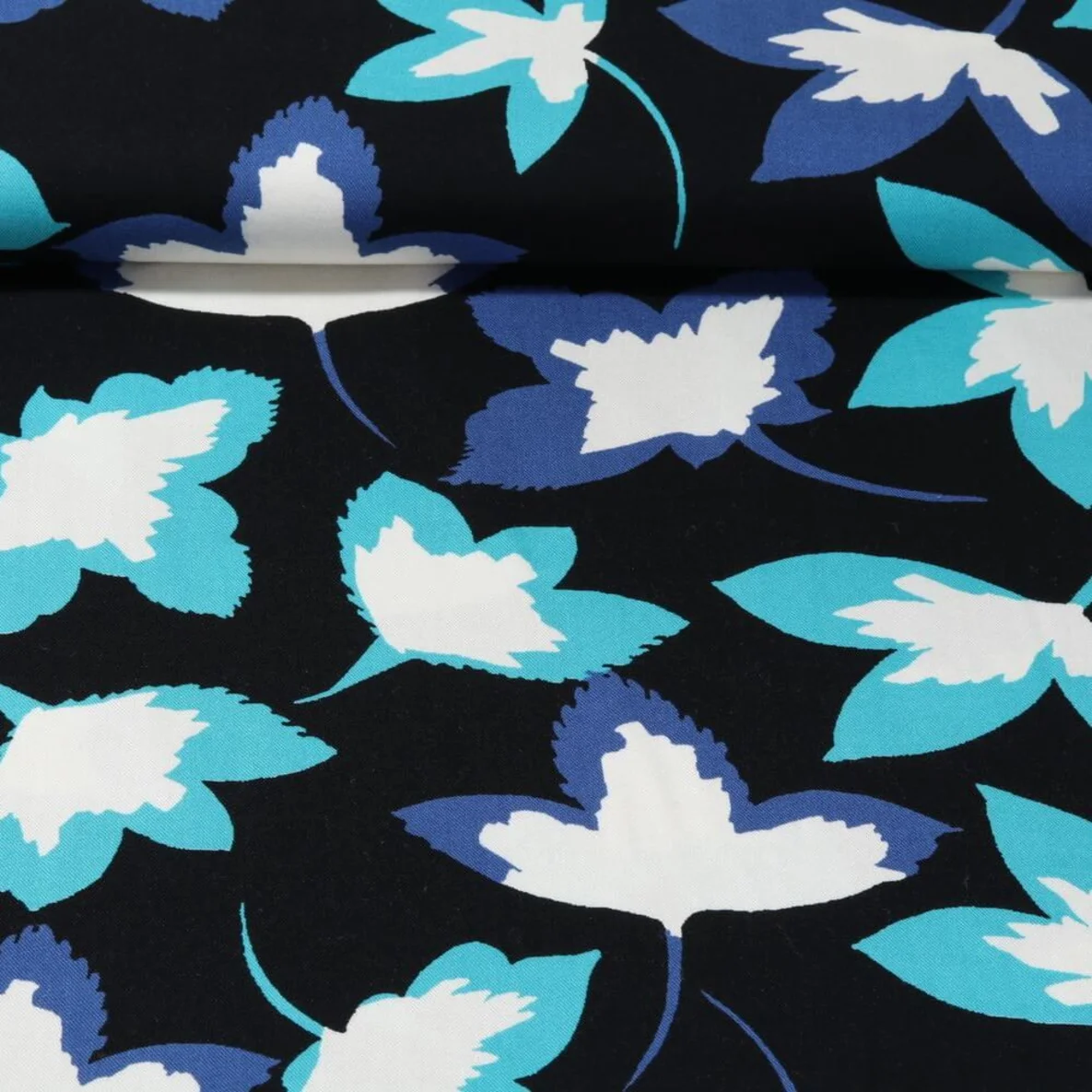 Viskose Twill Blätter Schwarz Türkis