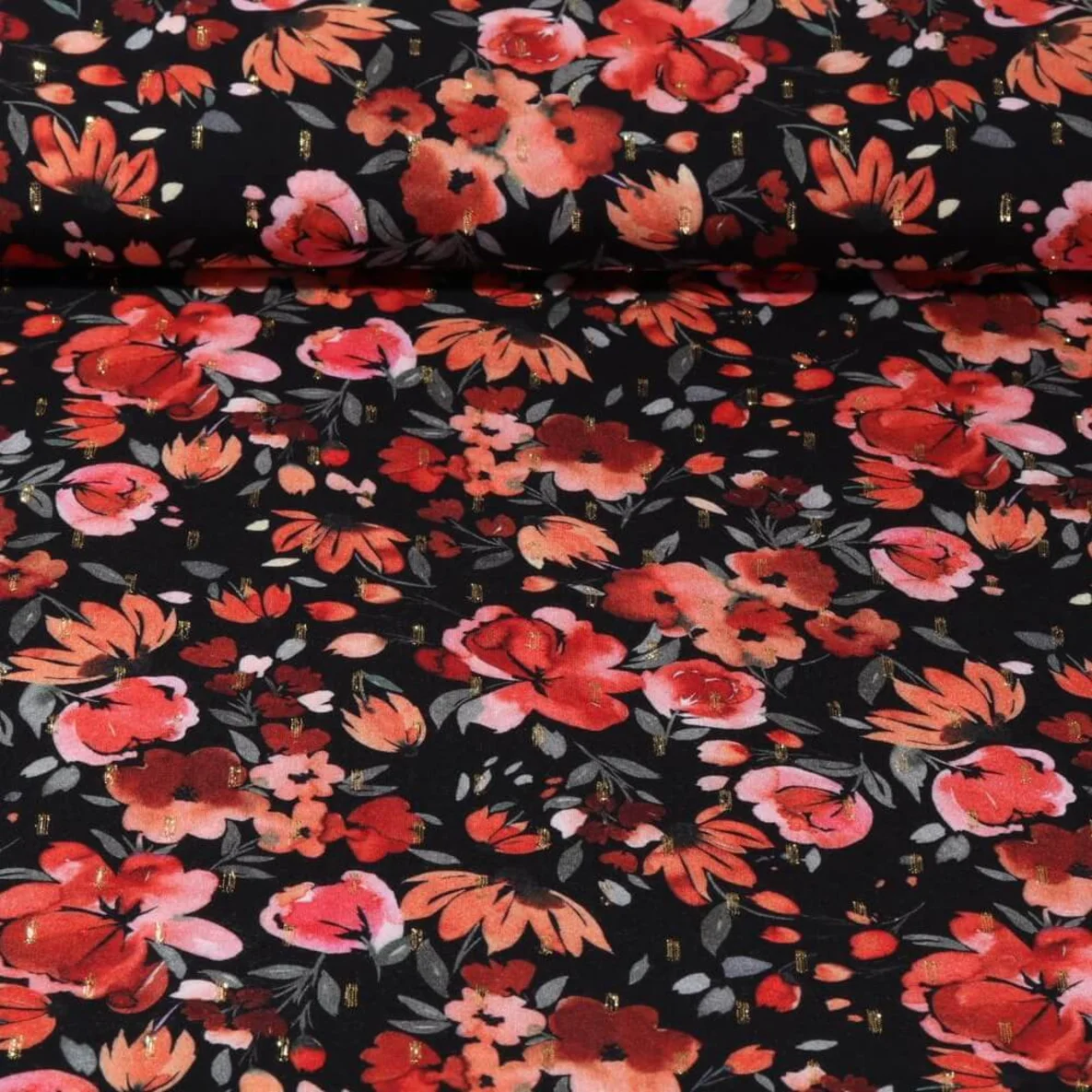 Viskose Webware Blüten Lurex Schwarz