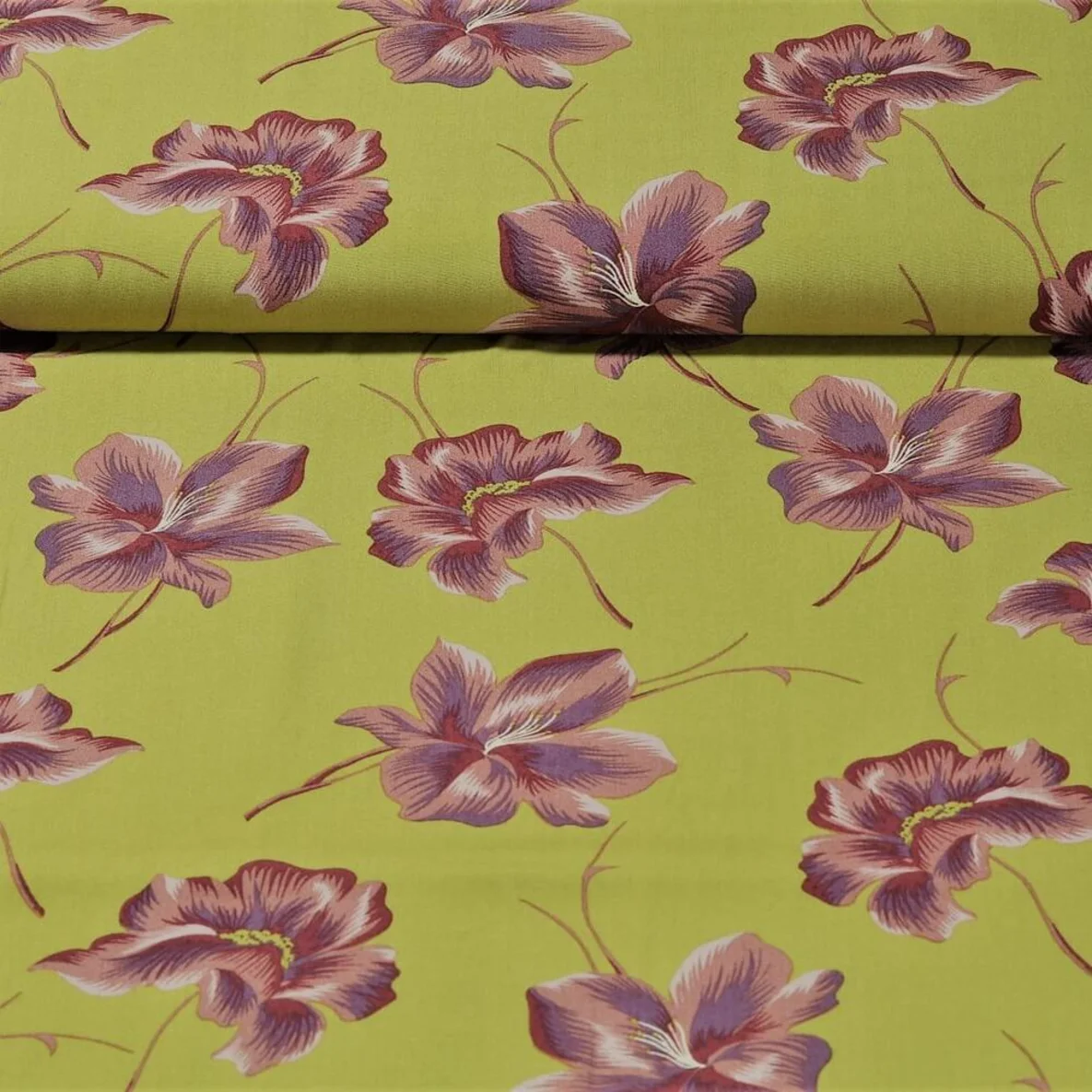 Viskose Webware Große Blüten Moosgrün