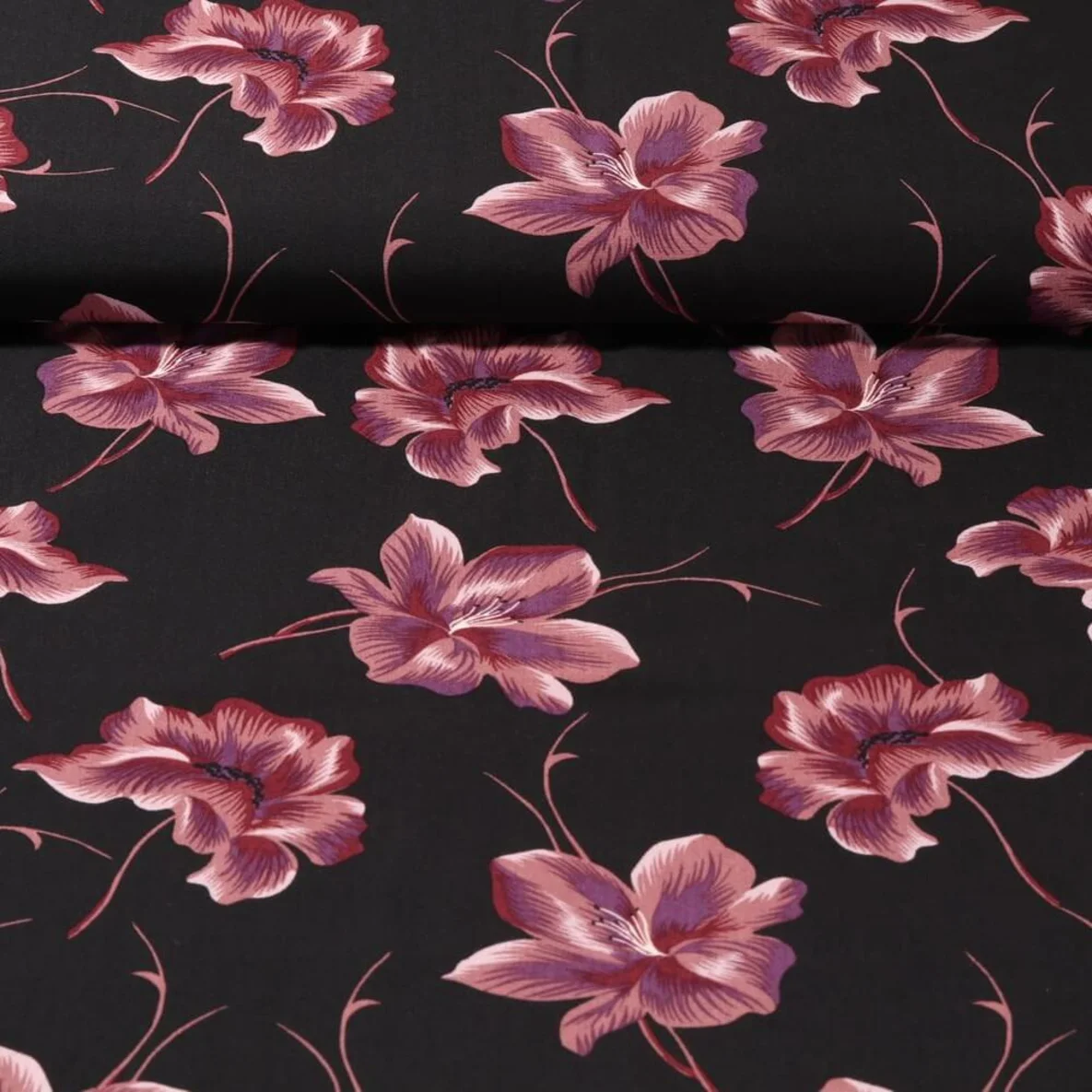 Viskose Webware Große Blüten Schwarz