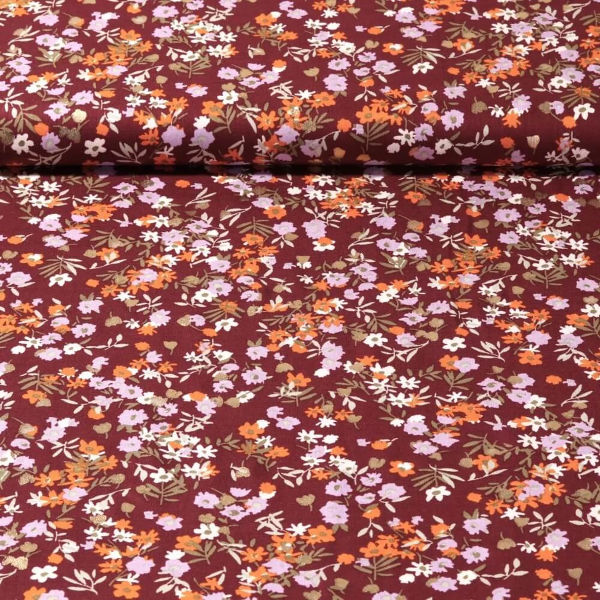Viskose Webware Kleine Blumen Gold Bordeaux