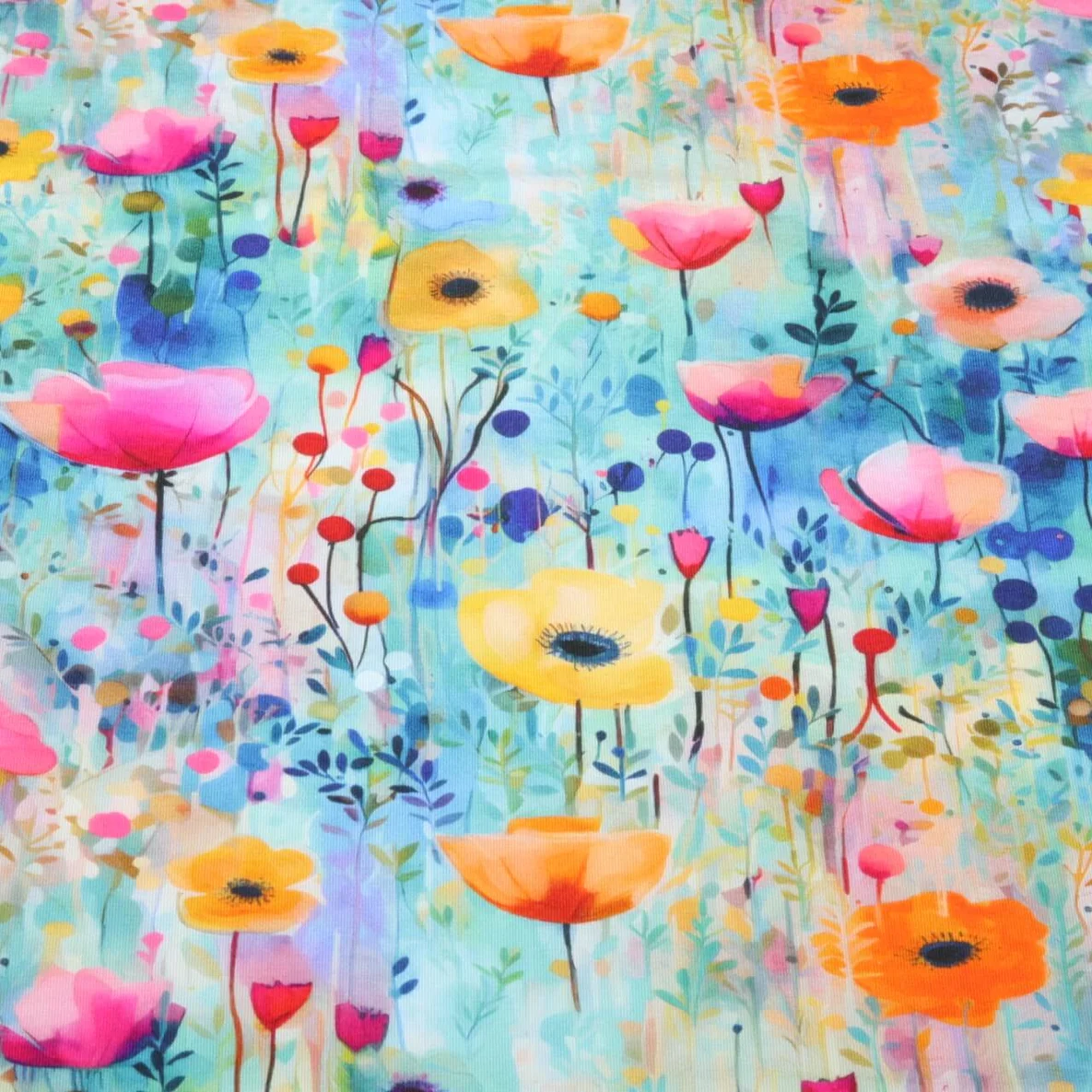 Viskosejersey Digitaldruck Bunte Tulpen Blau