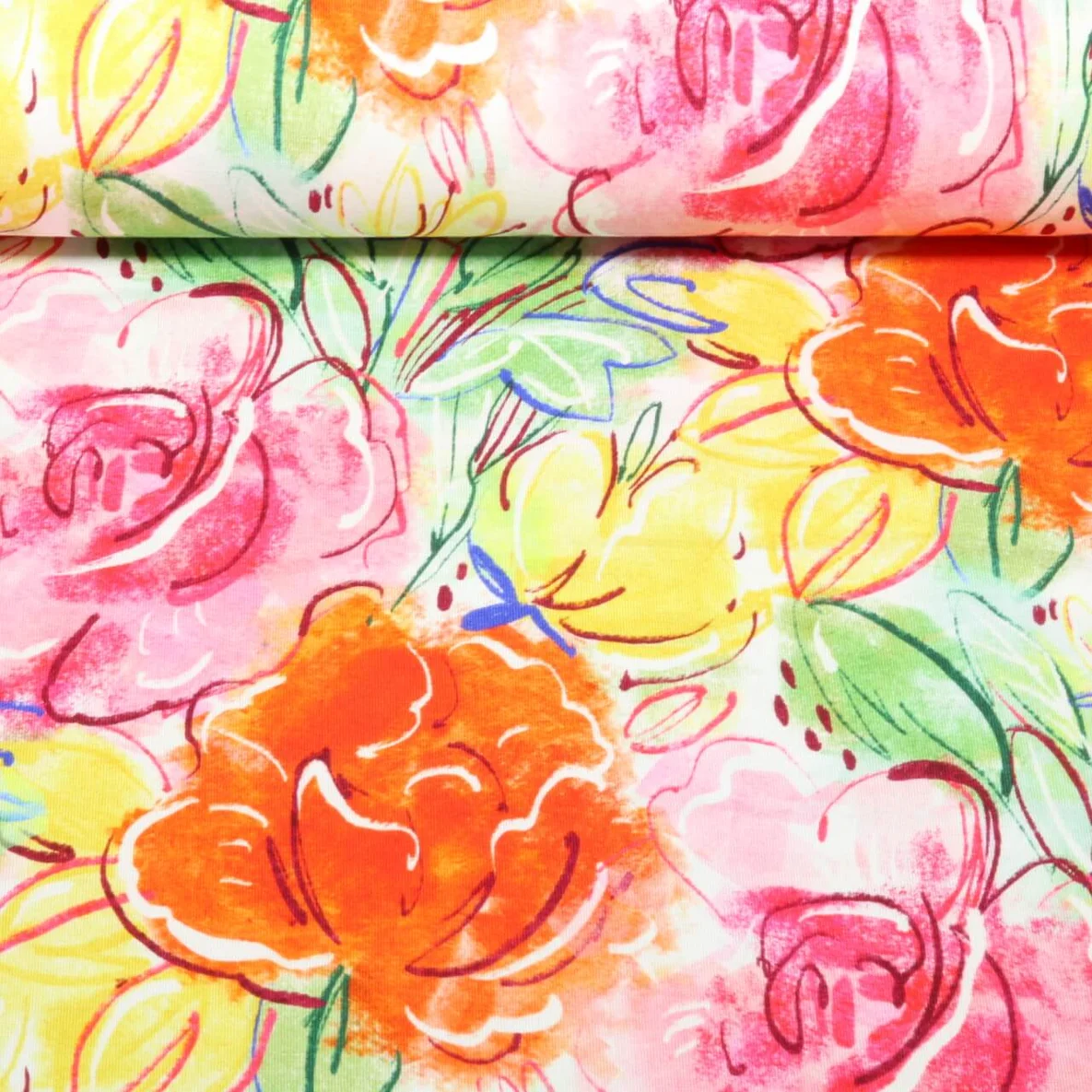 Viskosejersey Digitaldruck Große Rosenblüten Multicolor