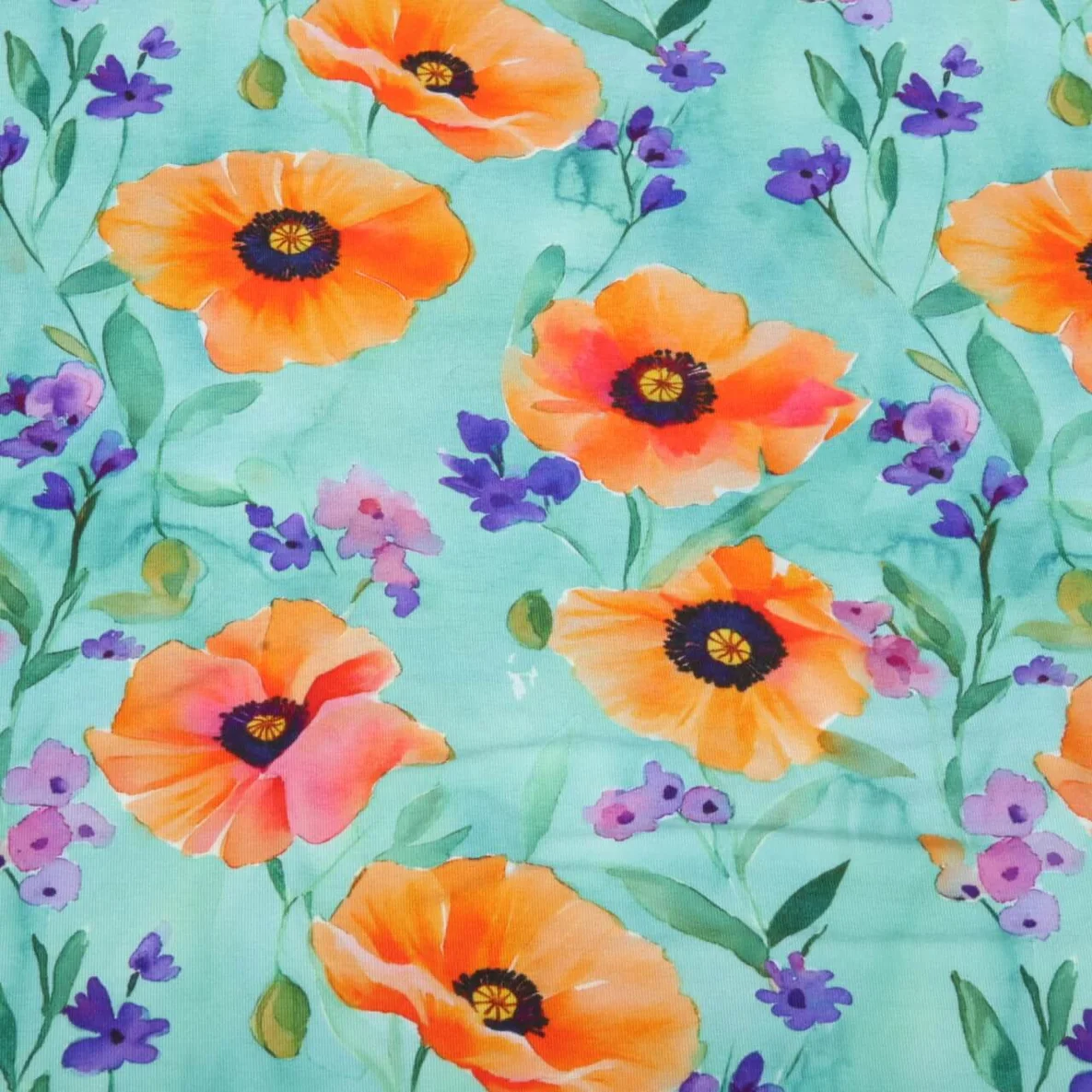 Viskosejersey Digitaldruck Mohnblumen Türkis