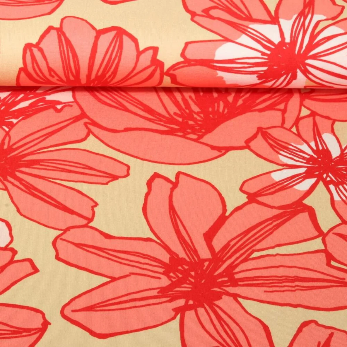 Viskosejersey - Große Blüten Beige