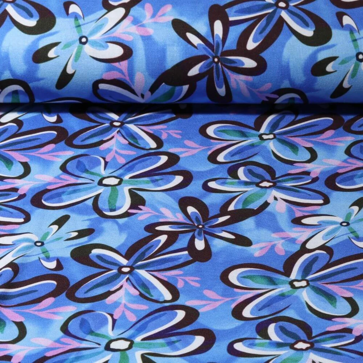 Viskosejersey Retro Blumen Blau