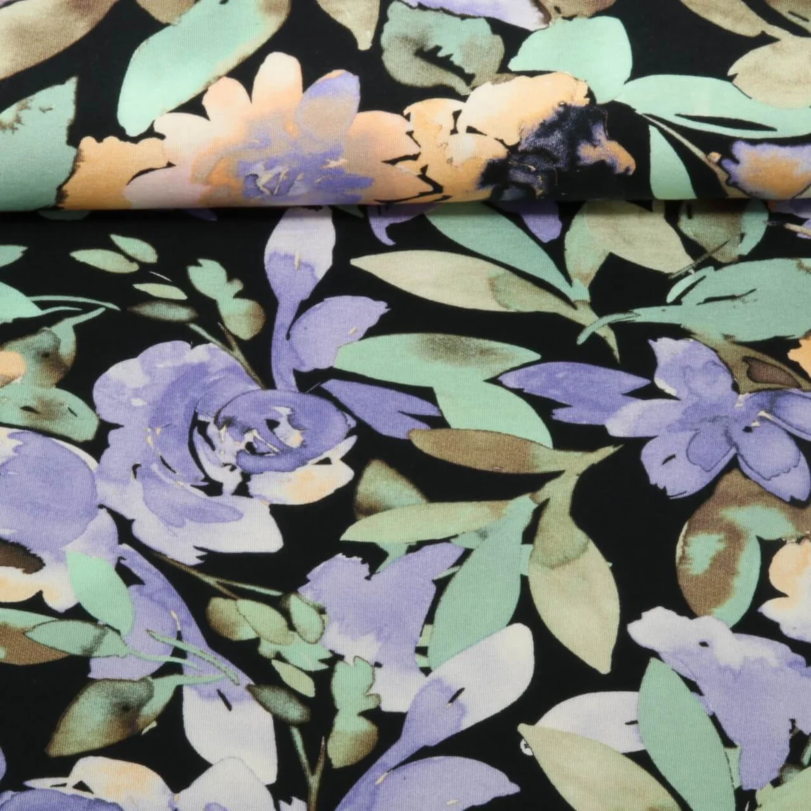 Viskosejersey Rosen Aquarell Schwarz