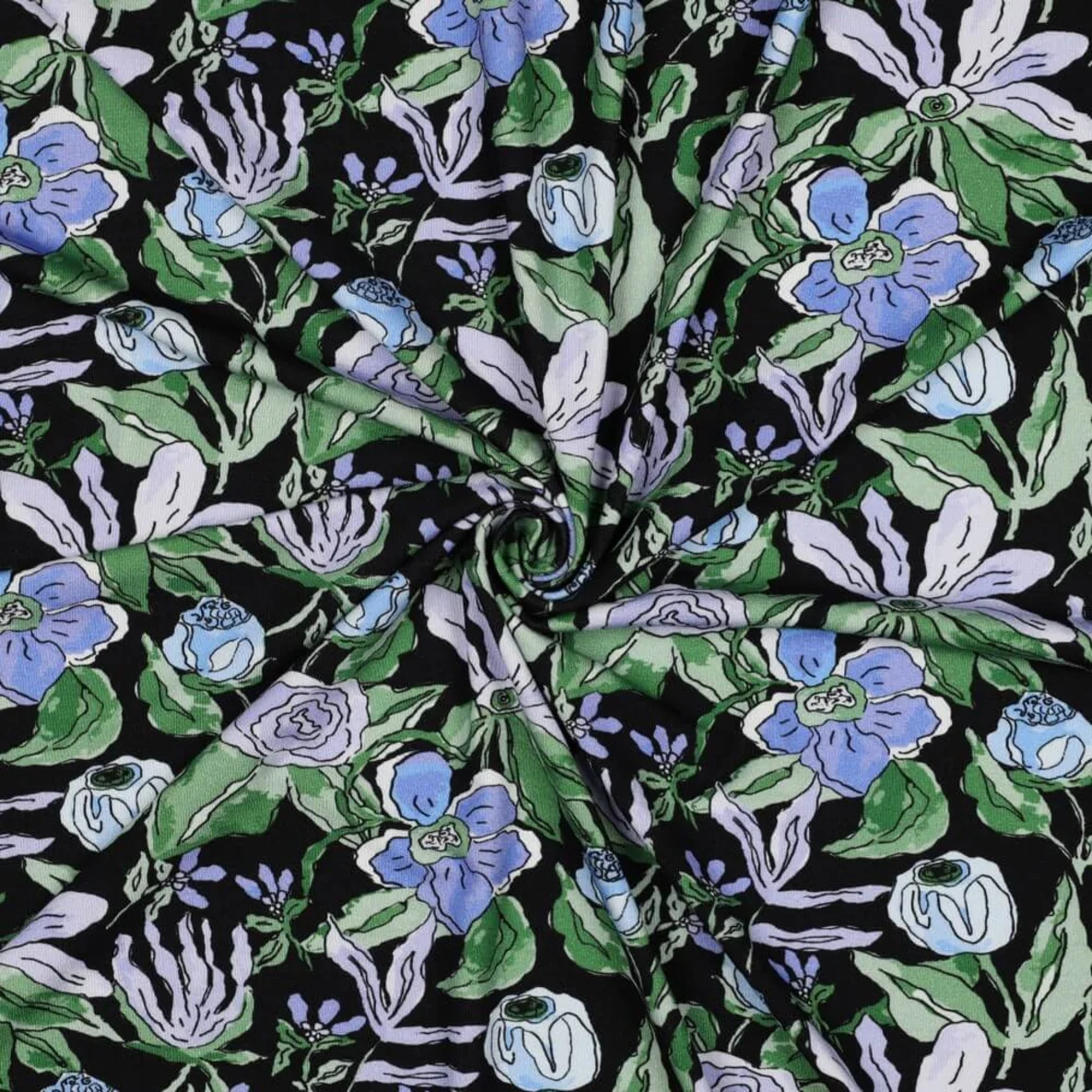 Viskosejersey Wiesenblumen Schwarz
