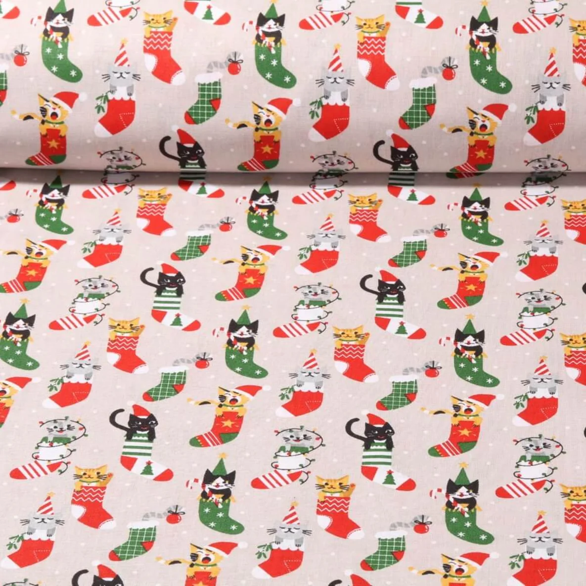 Weihnachtsbaumwolle Katzen Beige