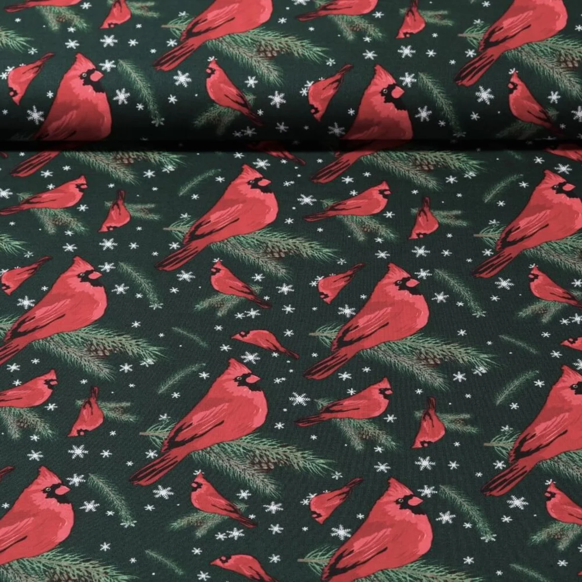 Weihnachtsbaumwolle Rotkardinal Tannengrün