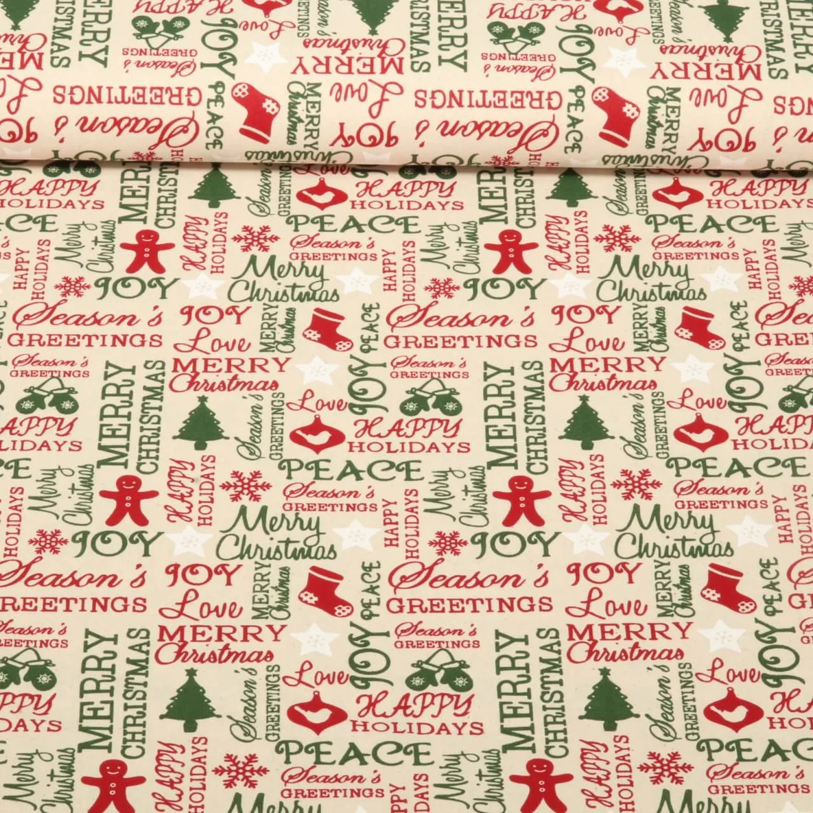 Weihnachtscretonne Happy Holidays Ecru