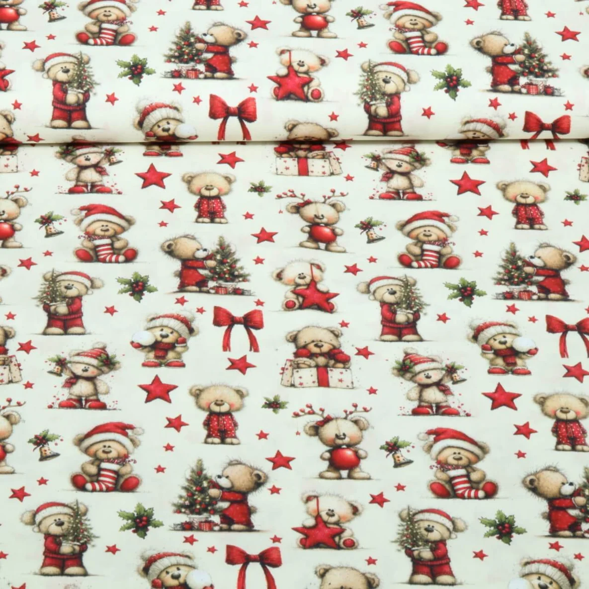 Weihnachtspopeline Bärchen Ecru
