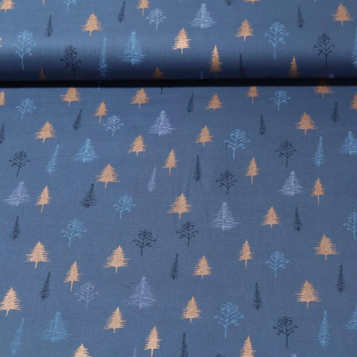Weihnachtspopeline Bäume Blau Gold