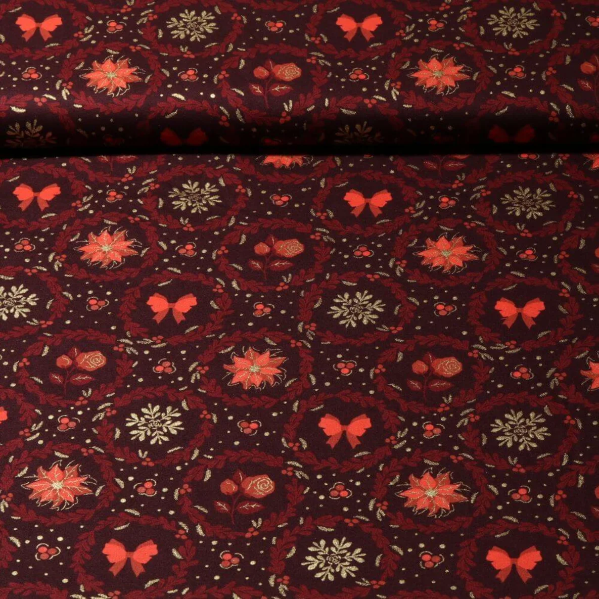 Weihnachtspopeline Blumenkranz Bordeaux Gold