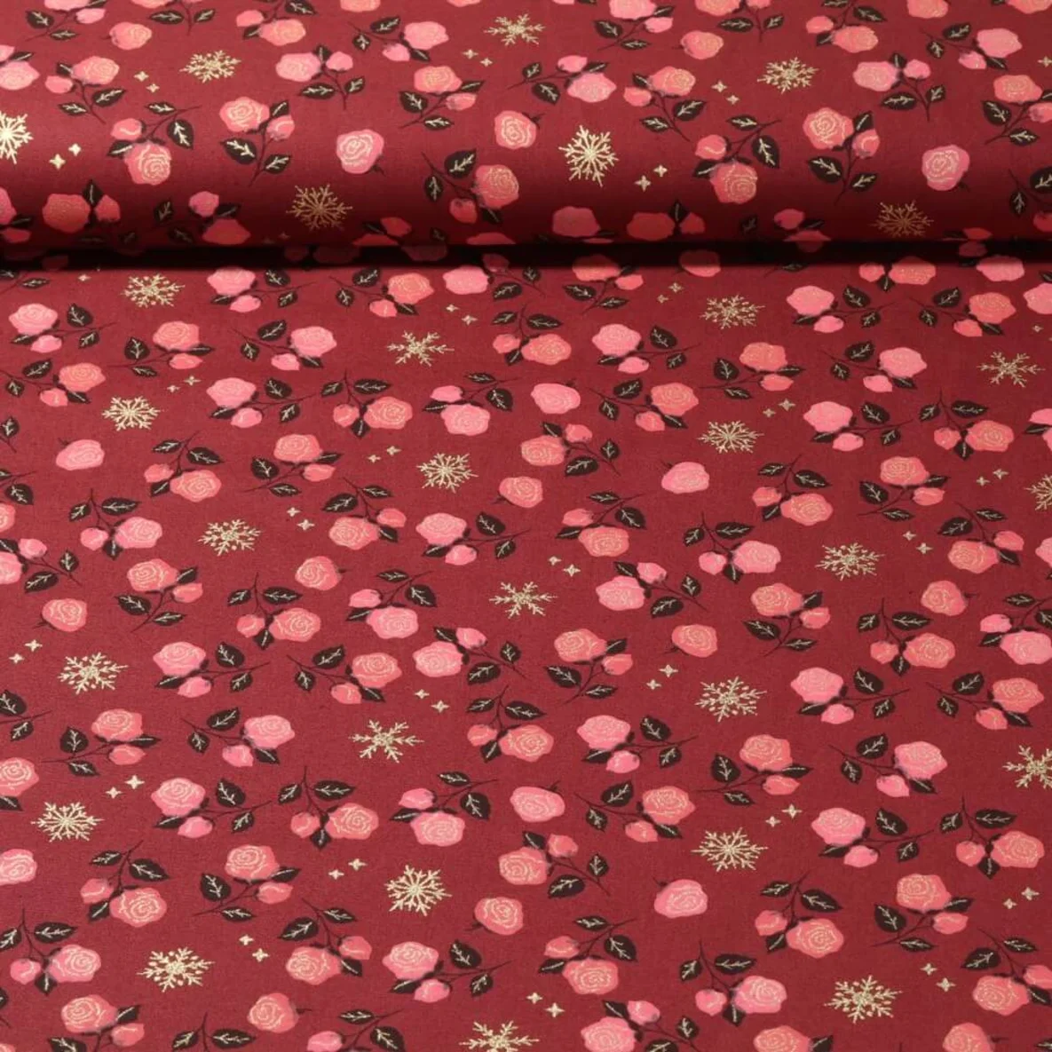 Weihnachtspopeline Eiskristalle Rosen Weinrot Gold