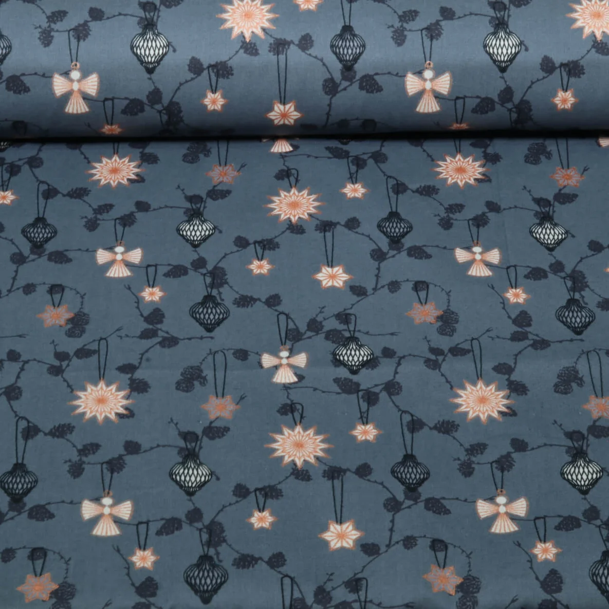 Weihnachtspopeline Engel Zweige Jeansblau