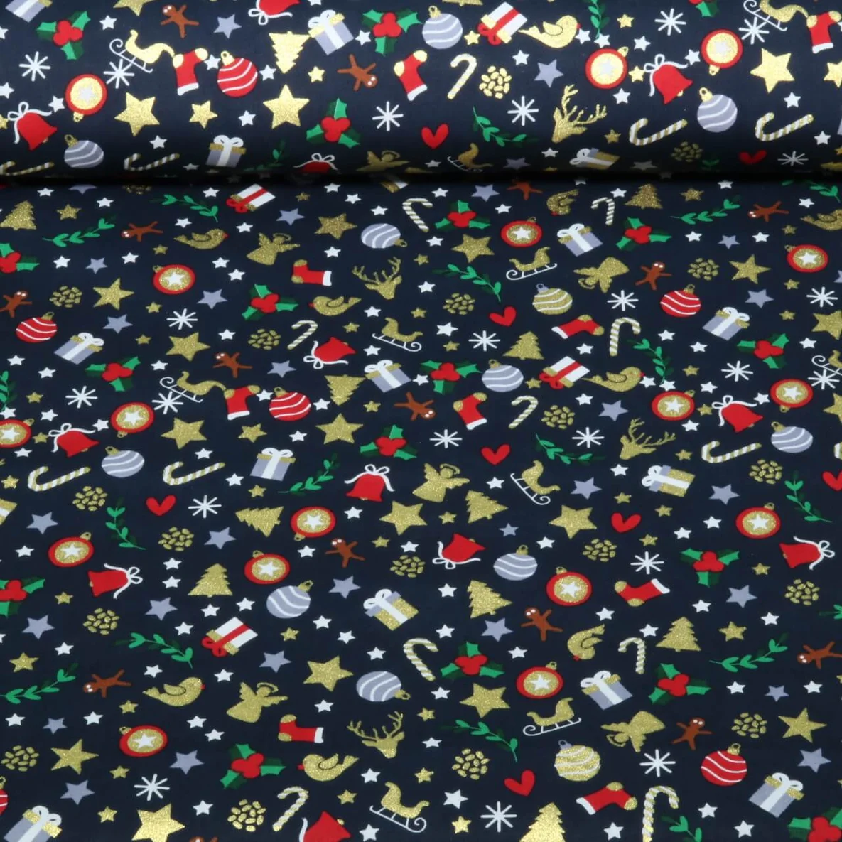 Weihnachtspopeline Festliche Motive Navy Gold