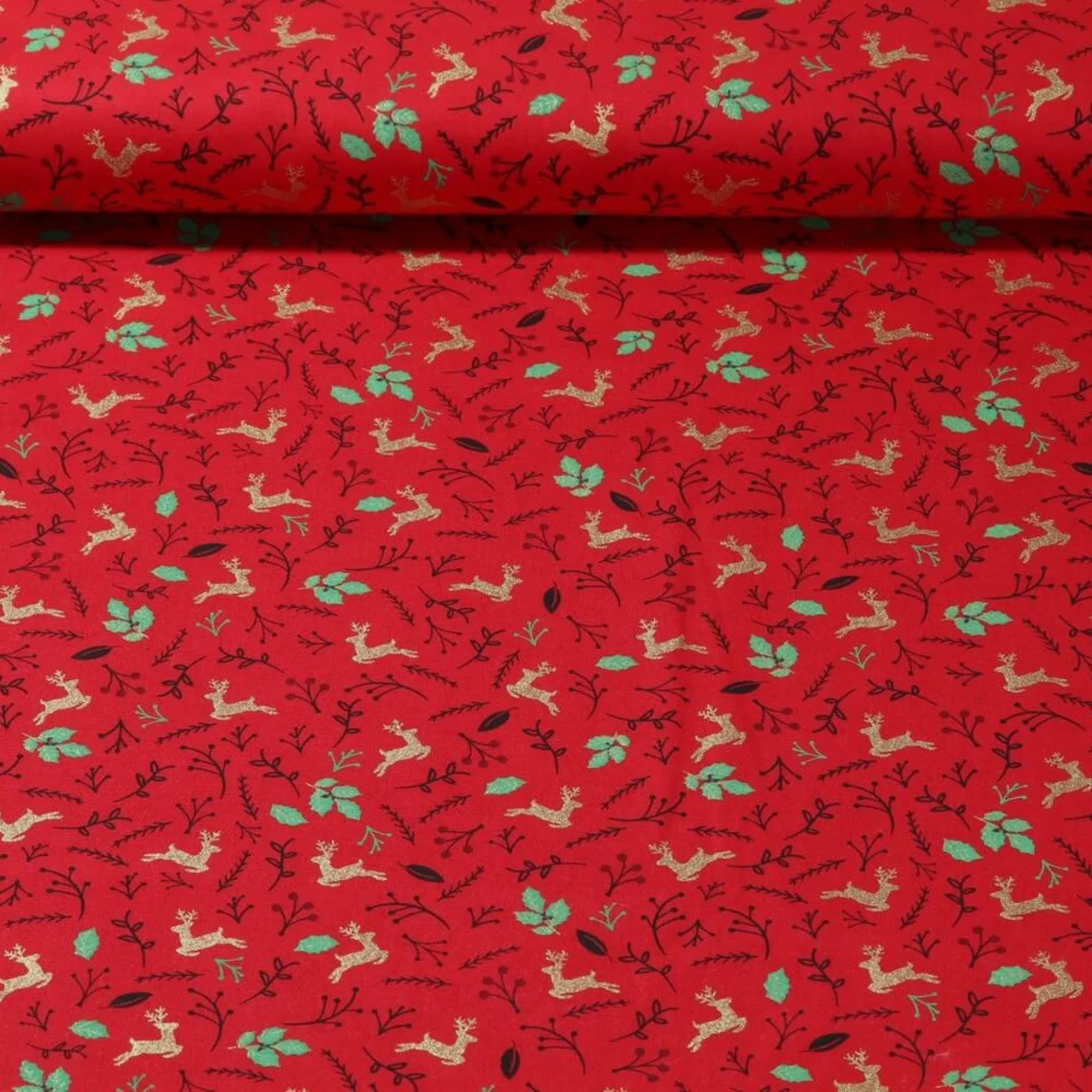 Weihnachtspopeline Hirsche und Blätter Rot Gold