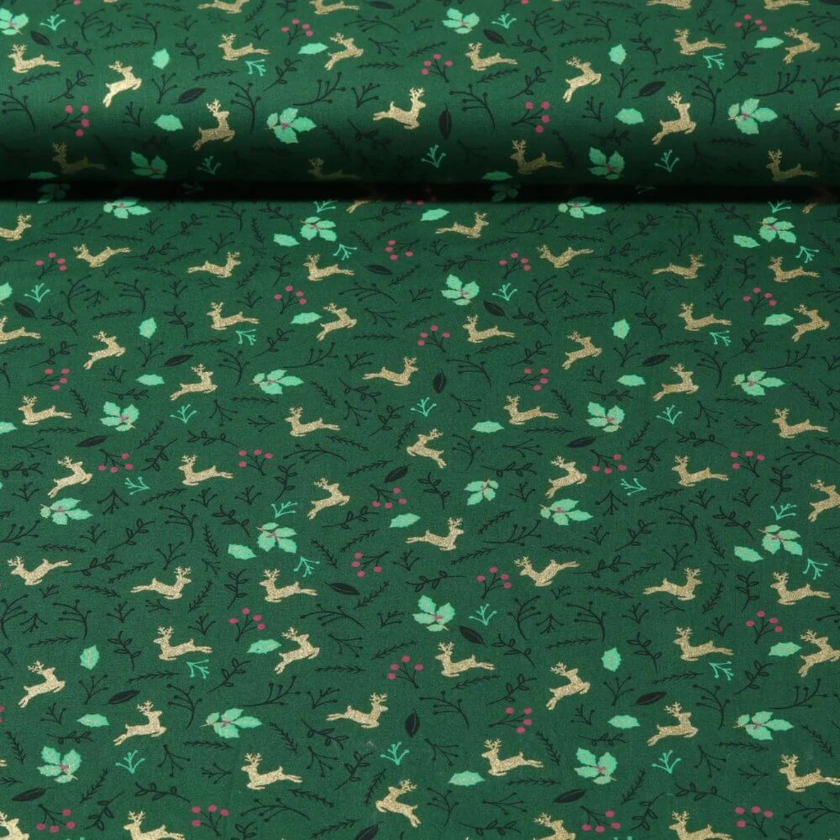 Weihnachtspopeline Hirsche und Blätter Tannengrün Gold